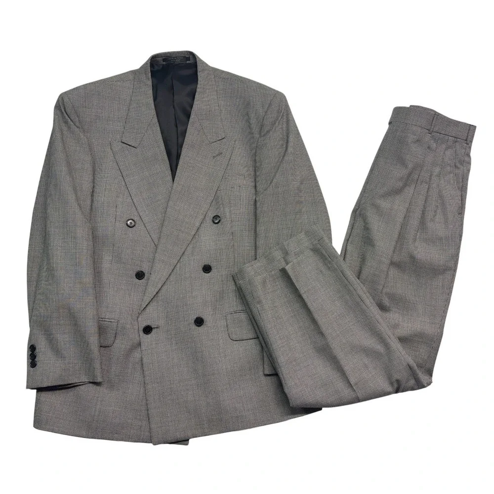 vtg 90s Double Breasted 42R 34x29 Black White Micro Houndstooth 2pc Pant Suit